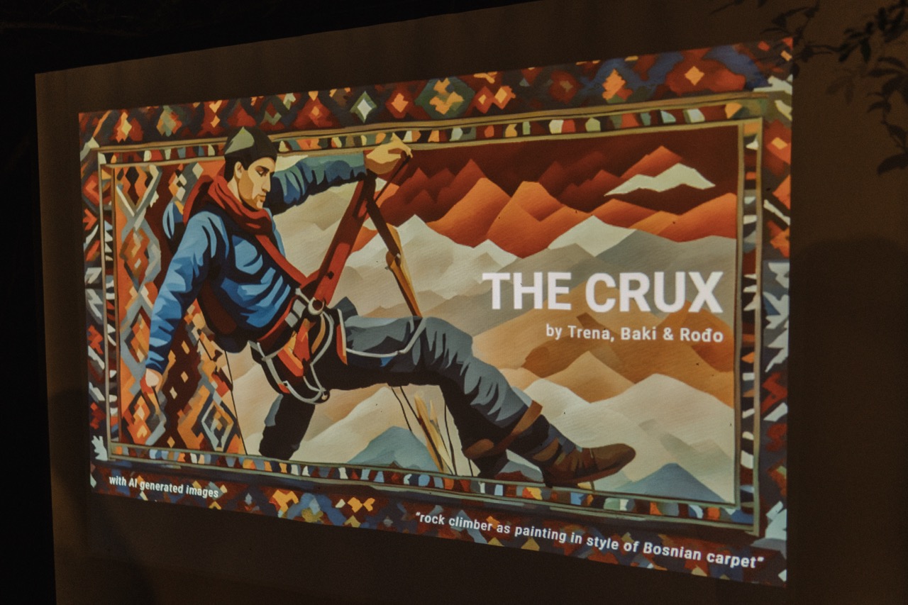 rock climber depicted in a style resembling a bosnian carpet with geometric patterns