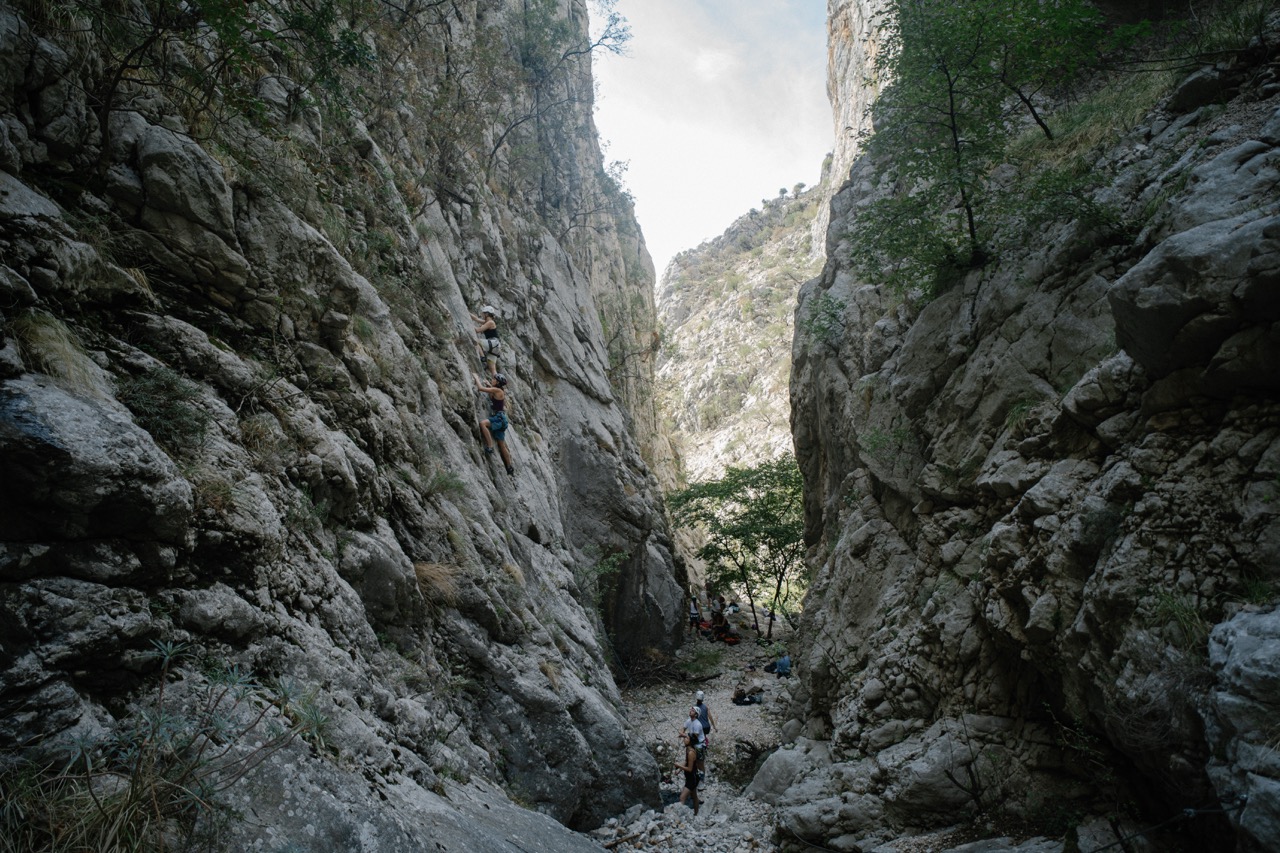 people rock climbing on steep cliff face in a rocky canyon with trees and clear sky